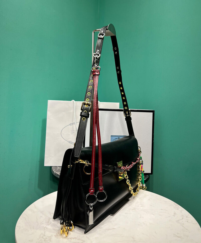 Prada Soft Sound Large Leather Shoulder Bag With Charms 1BD378 Black